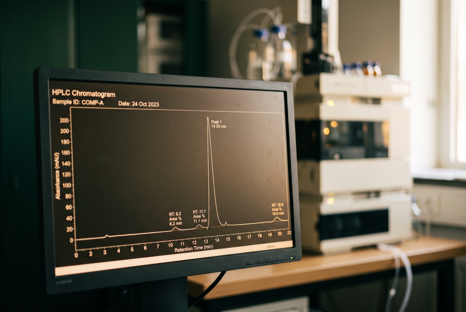 Cromatograma HPLC en pantalla: un pico dominante y limpio