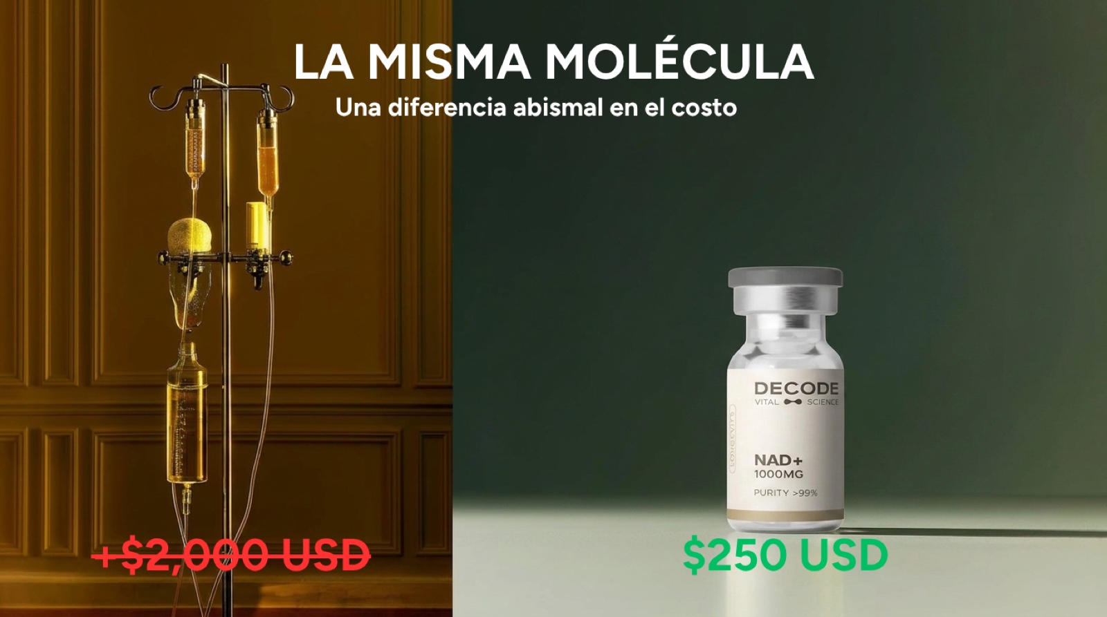 La misma mol&eacute;cula de NAD+: suero de cl&iacute;nica de lujo frente a un vial de laboratorio, con una diferencia enorme de precio